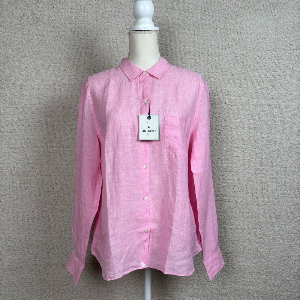 Untuckit Top Womens 14 Blush Pink 100% Linen Solid Button Down Preppy Chic Shirt